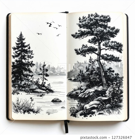 Monochrome Lake Landscape Sketch in Open Notebook 127326847