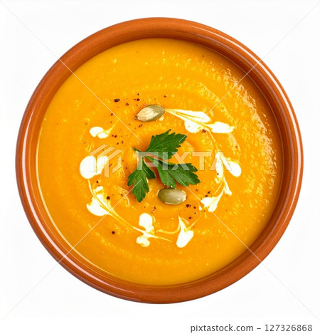 Creamy Orange Pumpkin Soup in Rustic Bowl 127326868