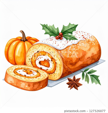 Pumpkin Roll Cake with Cream Filling and Spices 127326877
