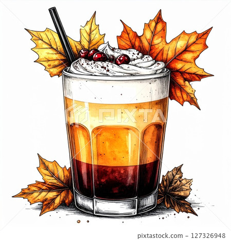 Autumn Layered Coffee Drink with Whipped Cream and Maple Leaves 127326948