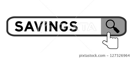Search banner in word savings with hand over magnifier icon on white background Search banner in word savings with hand over magnifier icon on white background 127326964