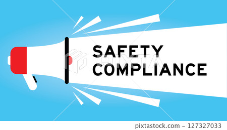 Color megaphone icon with word safety compliance in white banner on blue background 127327033
