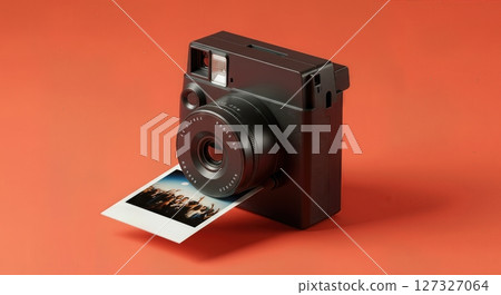 .Instant Camera Printing Photo on Orange Background, Modern Analog Photography, Retro Instant Film Technology, Creative Studio Still Life 127327064