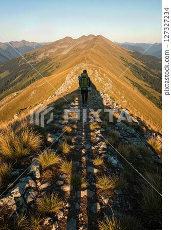 Backpackers Shadow Stretching Across Rocky Mountain Ridge at Sunset Adventure 127327234