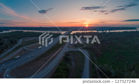 Aerial View of Highway Bridge at Sunset Aerial View of Highway Bridge at Sunset 127327246