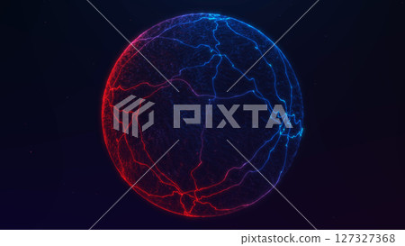 Glowing neon sphere with blue and red energy veins on dark background. Futuristic sci-fi orb effect for tech visuals, cyber design or AI-inspired projects. High-tech abstract art. Glowing neon sphere with blue and red energy veins on dark background. Futuristic sci-fi orb effect for tech visuals, cyber design or AI-inspired projects. High-tech abstract art. 127327368