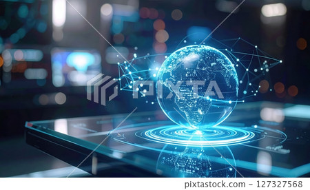 Futuristic digital globe hologram floating above tablet in a high-tech city with digital connections and glowing data lines for global communication and technology concepts Futuristic digital globe hologram floating above tablet in a high-tech city with digital connections and glowing data lines for global communication and technology concepts 127327568