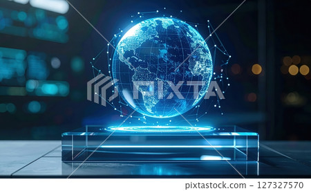 Highly detailed futuristic digital globe hologram projection representing global connectivity and advanced technology in a dark modern office setting 127327570
