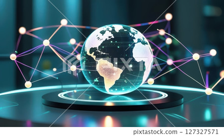 Futuristic digital globe with interconnected nodes representing global connectivity and advanced technology in a modern high-tech environment 127327571