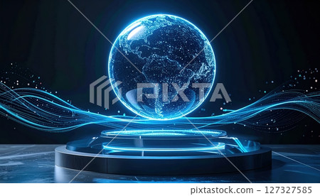 Futuristic digital globe with glowing interconnected lines representing global connectivity and advanced technology on a sleek platform with a dark background Futuristic digital globe with glowing interconnected lines representing global connectivity and advanced technology on a sleek platform with a dark background 127327585