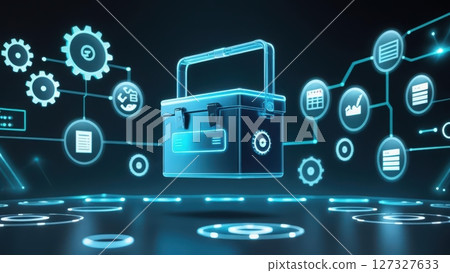 Futuristic digital lock security system with interconnected icons representing technology data protection and cybersecurity concepts in a neon glowing style 127327633