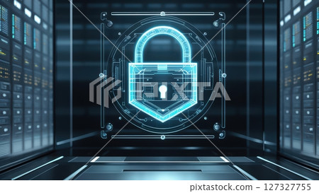 futuristic digital security concept with illuminated padlock symbol representing data protection and cyber security in a high tech server room environment futuristic digital security concept with illuminated padlock symbol representing data protection and cyber security in a high tech server room environment 127327755