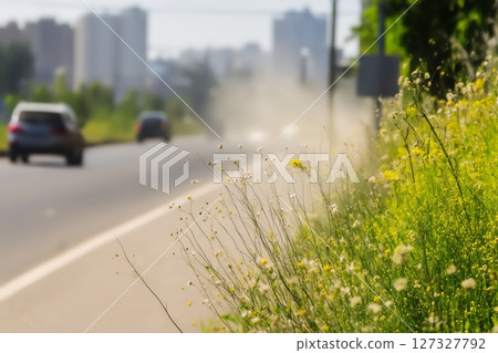 Field with flowers and floating pollen closeup Field with flowers and floating pollen closeup 127327792