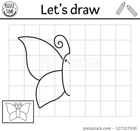 Complete the butterfly. Vector fairyland symmetrical drawing practice worksheet. Fairytale printable black and white activity for kids. Magic forest copy the picture coloring page with cute insect 127327930