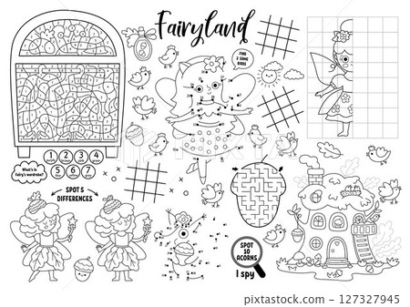 Vector fairyland placemat for kids. Magic forest printable activity mat with maze, tic tac toe chart, connect the dots, find difference. Woodland fairy black and white play mat or coloring page 127327945