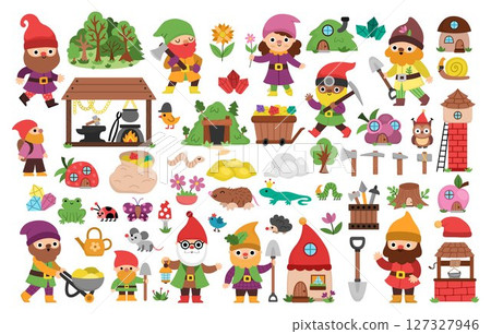 Vector dwarf clipart set. Cute gnome icons collection. Fairytale character illustrations. Magic creature pack with garden, mining, blacksmith elves, treasure, mine pit, houses, and fantasy animals 127327946