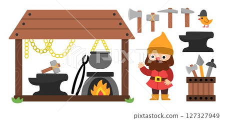 Vector blacksmith dwarf clipart set. Cute ironsmith gnome collection. Fairytale character illustrations. Magic creature pack with forge, tools, hammer, sward, chains, anvil. Little smith icons Vector blacksmith dwarf clipart set. Cute ironsmith gnome collection. Fairytale character illustrations. Magic creature pack with forge, tools, hammer, sward, chains, anvil. Little smith icons 127327949