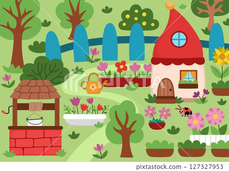 Vector empty dwarf garden background. Cute gnome country landscape. Woodland, fantasy forest scene with tree, house, animal. Fairytale world illustration with fence, well, seedbed, flowers Vector empty dwarf garden background. Cute gnome country landscape. Woodland, fantasy forest scene with tree, house, animal. Fairytale world illustration with fence, well, seedbed, flowers 127327953