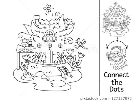 Vector black and white fairyland dot-to-dot activity with swamp fairy house. Magic forest connect the dots game, coloring page. Fairytale printable worksheet with cute woodland home 127327973