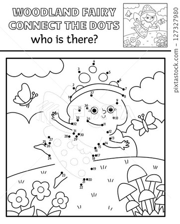 Vector black and white fairyland dot-to-dot activity with mushroom fairy, line nature scene. Magic forest connect the dots game, coloring page. Who is missing printable worksheet Vector black and white fairyland dot-to-dot activity with mushroom fairy, line nature scene. Magic forest connect the dots game, coloring page. Who is missing printable worksheet 127327980