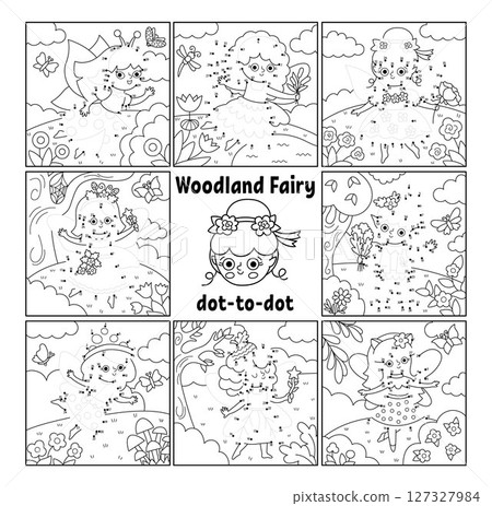 Vector black and white fairyland dot-to-dot activity set with fairy, line nature scene. Magic forest connect the dots game, coloring page. Who is missing printable worksheet collection Vector black and white fairyland dot-to-dot activity set with fairy, line nature scene. Magic forest connect the dots game, coloring page. Who is missing printable worksheet collection 127327984