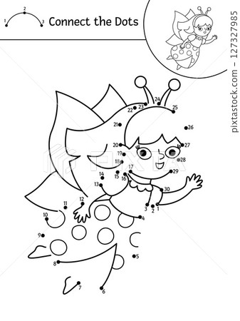 Vector black and white fairyland dot-to-dot activity with fairy bug. Magic forest connect the dots game, coloring page. Fairytale printable worksheet with cute ladybug girl with wings Vector black and white fairyland dot-to-dot activity with fairy bug. Magic forest connect the dots game, coloring page. Fairytale printable worksheet with cute ladybug girl with wings 127327985