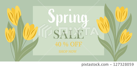 Card for spring sale and beautiful flowers on green background 127328059