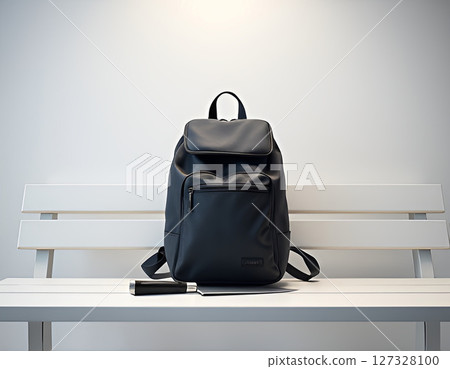 Minimalistic illustration of a black backpack and kitchen knife placed on a modern white bench. Set against a clean white background, this image evokes themes of social education situations 127328100