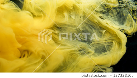 Mist wave. Fog ink swirl. Yellow paint blending in art defocused fluid. Stream color pigment curl explosion abstract black background. Mist wave. Fog ink swirl. Yellow paint blending in art defocused fluid. Stream color pigment curl explosion abstract black background. 127328103