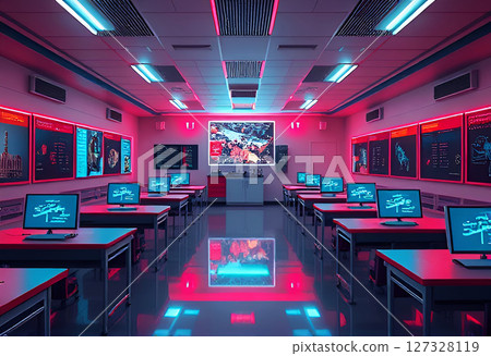 Futuristic classroom interior with glowing neon lights, desks, and advanced computer workstations 127328119