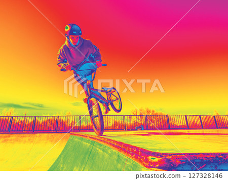 Infrared Thermal Image of BMX rider in street skatepark made trick footjam whip. Psychedelic neon toned image of BMX rider on ramp doing trick on front wheel. Copy space for text Infrared Thermal Image of BMX rider in street skatepark made trick footjam whip. Psychedelic neon toned image of BMX rider on ramp doing trick on front wheel. Copy space for text 127328146
