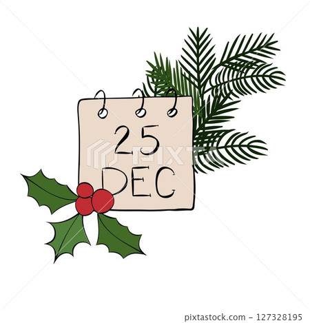25 December calendar holiday composition isolated. Vector graphic line ink illustration. calendar vector symbol for the month of December. For logo, web, package, sticker. 127328195
