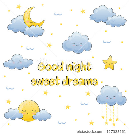 cute set of clouds, moon and stars good night 127328261