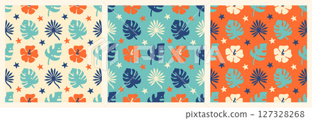 Bold tropical seamless patterns with palm leaves, flowers and stars. Modern and cheerful look for packaging, stationery or fabric designs Bold tropical seamless patterns with palm leaves, flowers and stars. Modern and cheerful look for packaging, stationery or fabric designs 127328268