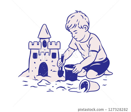 Boy Child Building Sandcastle Beach Kid Retro Sketch Whimsical Doodle Illustration 127328282