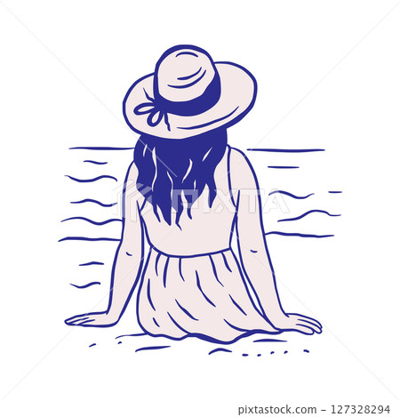 Sea Beach Woman Travel Vacation Summer Sketch Whimsical Doodle Illustration 127328294