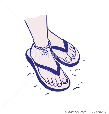 Beach Shoe Flip-flop Sandals Footwear Legs Walking on the Beach Summer Sketch Whimsical Doodle Illustration 127328297