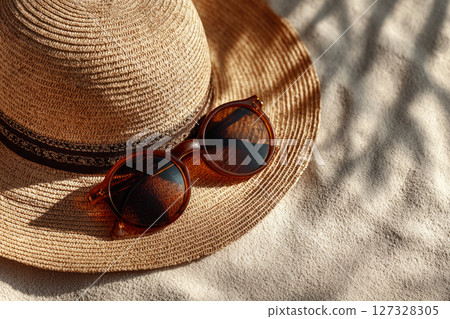 Straw sun hat and sunglasses on beach sand 127328305