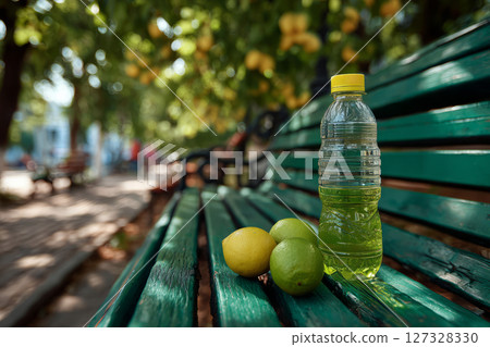 Sports drink and citrus fruits on green bench in sunny park 127328330