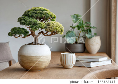Bonsai tree in ceramic pot on wooden desk with books and indoor plants 127328331