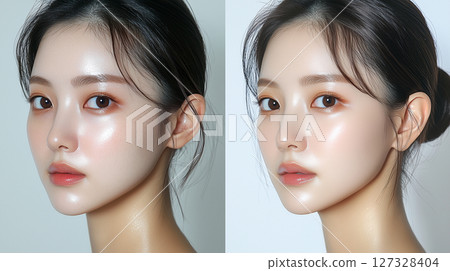 Glow of youthful beauty captured in a close-up portrait of a Korean woman showcasing radiant skin and natural elegance 127328404