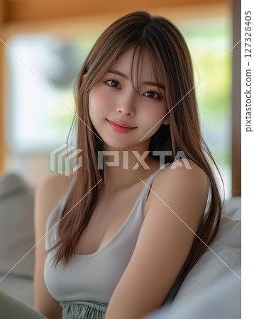 Young Korean woman smiling while sitting on a couch in a bright, cozy indoor setting during the afternoon 127328405
