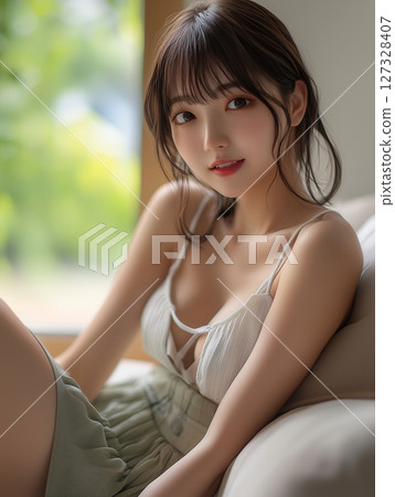 Young woman relaxing indoors in natural light, showcasing her fashion and serene expression 127328407