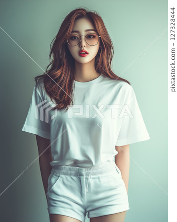 Young woman in casual white outfit poses confidently in minimalist studio setting with soft lighting Young woman in casual white outfit poses confidently in minimalist studio setting with soft lighting 127328444