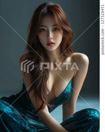 Elegant model in shimmering green dress poses gracefully in dimly lit studio setting 127328451