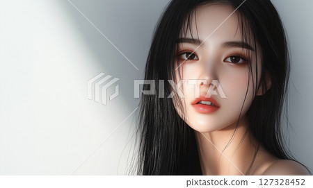 Elegant portrait of a young Asian woman with long hair, captured in soft lighting against a neutral background 127328452