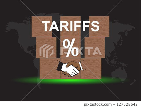 Tariff Negotiation concept. Wooden block with handshake icon, percent and word tariffs for negotiation, agreement, cooperation, business partnership. Tariff Negotiation concept. Wooden block with handshake icon, percent and word tariffs for negotiation, agreement, cooperation, business partnership. 127328642