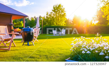 Summertime in backyard with grill BBQ and blurred background 127328947