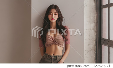 Young Korean woman poses elegantly indoors wearing stylish attire, showcasing a confident expression and fashion sense 127329271
