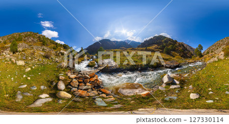 Spherical HDRi panorama of small rustic wooden bridge crossing a mountain stream on sunny autumn day 127330114